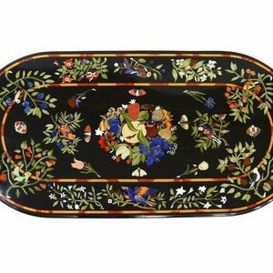 Black Marble Oval Table Top: Pietredura Art, Birds & Flowers Inlay