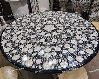 Black Marble Round Dining Table Top / Mother of Pearl Inlaid Design Table Top for Home Decoration and Dining Purpose / MOP Diner Table Top