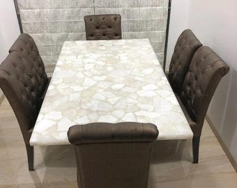 White Agate Tabletop: Natural Quartz Dining Table, Console, or Counter