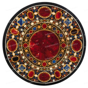 Black Marble Inlay Table Top: Pietra Dura Art, Handmade Dining Table