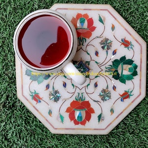 Handmade Marble Coaster: Octagonal Tile with Pietra Dura Bird Design