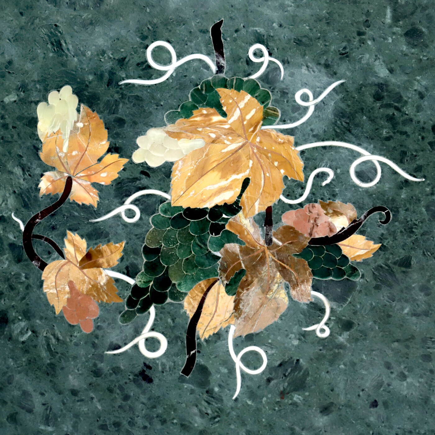 グリーン大理石のテーブルトップ：ブドウの丸い象嵌細工（2フィート～5