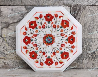 Marble End Tables / White Marble Floral Design Table Top / Small Bedside Table Top with complimentary wooden Stand