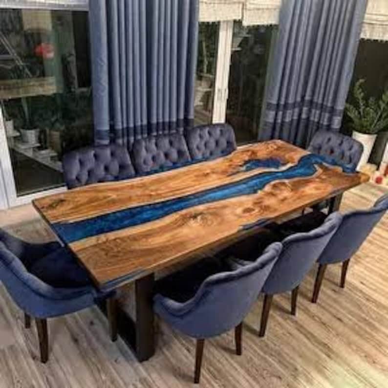 Epoxy Table Top / Wooden Epoxy Dining Table Top / Blue River - Etsy