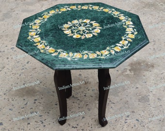 Mother of Pearl Inlay Art Coffee Table Top in green marble / Handmade Green Marble Coffee Table Top in Octangular Shape for Gifts Purpose