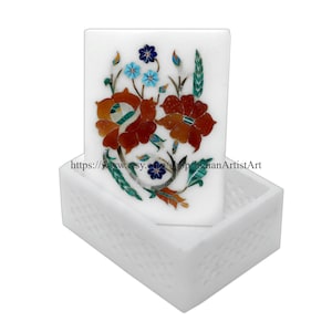 White Marble Jewelry Box: Lotus Flower Cornelian Inlay Art