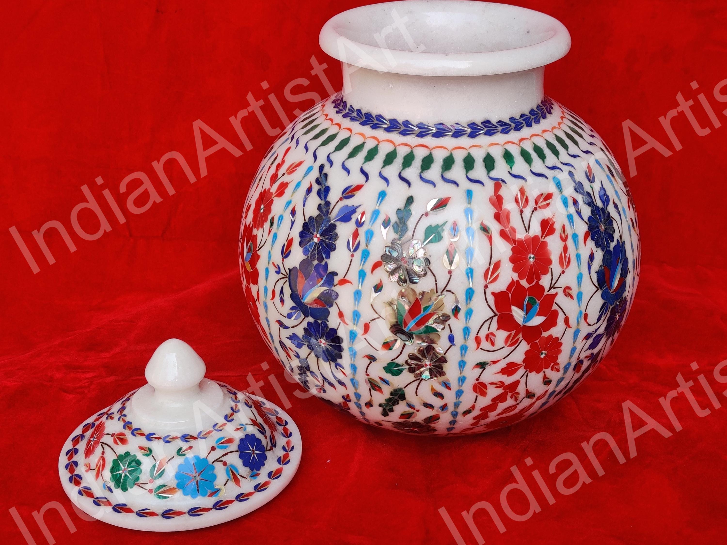 タージ・マハル インレイアート 大理石ポット：宝石花瓶、13インチ