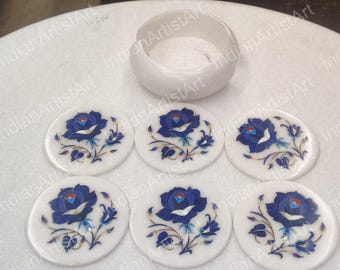 White Marble Coaster Set: Flower Inlay Art, with Holder