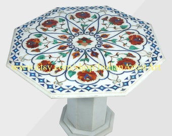 Vintage Coffee Table in White Marble Inlay Art for Family Sitting Room / Indian Handmade Table Top for outdoor Decoration / Stone Table Top