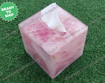 Pink Rose Quartz Tissue Holder: Handmade Stone Bathroom Accessory