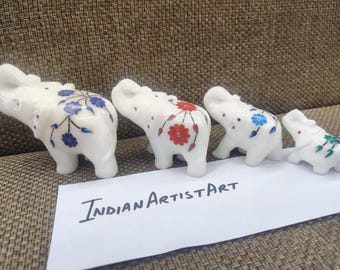象嵌細工の大理石象の家族：手作りのインド美術のお土産 - Etsy 日本