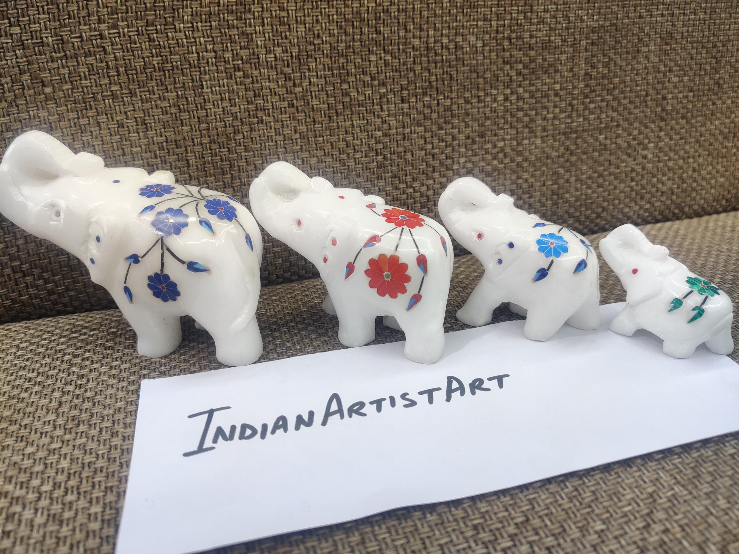 象嵌細工の大理石象の家族：手作りのインド美術のお土産 - Etsy 日本