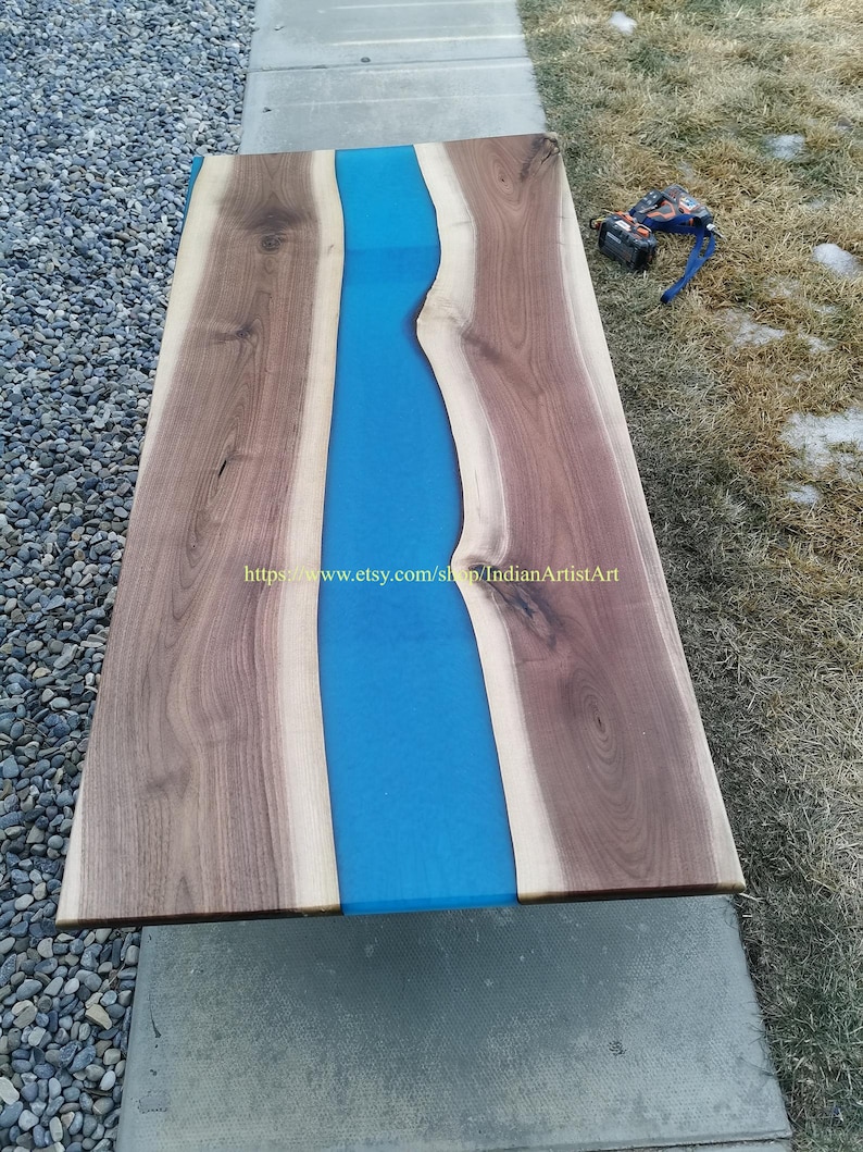 Epoxy Table Top in Wood with Blue River Design, Wood Table Top i