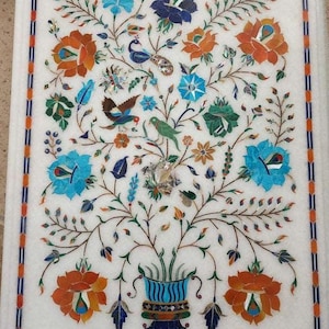 White Marble Inlay Art Panel: Bird Design Wall Hanging (24x15 Inch)