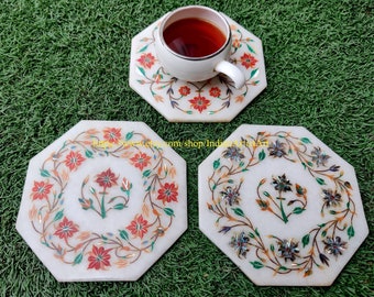Handmade tiles in White Marble with Flower Inlaid Art | Marble Carving Tiles in different Color | White Marble Inlay Arts Tiles and Coasters