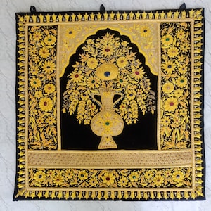 Golden Zardozi Tapestry: Hand Embroidered Velvet Wall Hanging