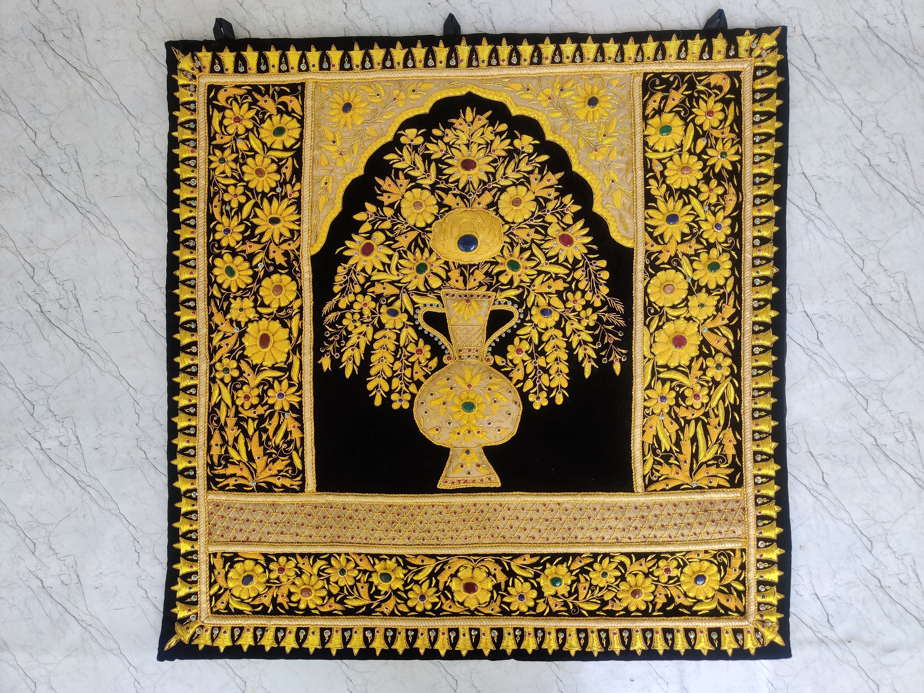 Golden Zardozi Hand Embroidered Tapestry Wall Hanging Art Etsy