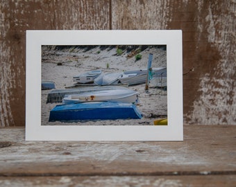 Blue and White Boats on the Beach Photo Greeting Card