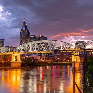 Pedestrian Bridge- Nashville Skyline - Nashville Downtown-Batman Building- Music City- Sunset