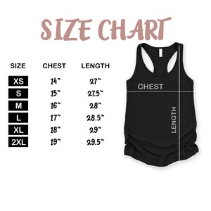 May include: Size chart for a black tank top with measurements in inches for chest and length. Sizes include XS, S, M, L, XL, and 2XL.