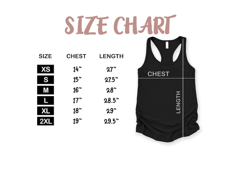 May include: Size chart for a black tank top with measurements in inches for chest and length. Sizes include XS, S, M, L, XL, and 2XL.