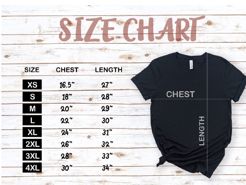 Op de afbeelding: Maattabel voor een T-shirt met metingen in inches voor borst en lengte. De maten omvatten XS, S, M, L, XL, 2XL, 3XL en 4XL.