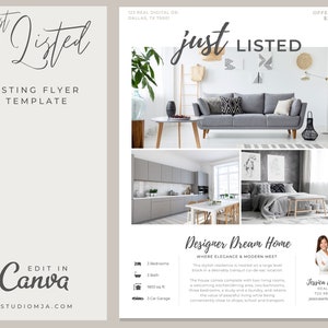 May include: A listing flyer template for a 3 bedroom, 3 bathroom home with a 3 car garage. The home is offered at $375,000 and is described as a "Designer Dream Home" where "Elegance & Modern Meet". The flyer features photos of the home's interior, including the living room, kitchen, and bedroom. The flyer also includes contact information for the realtor, Jessica Daniels.