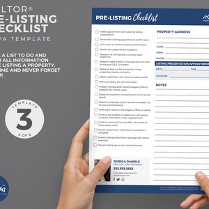 May include: A blue and white checklist for real estate agents to use when preparing to list a property. The checklist includes tasks such as making an appointment with the seller, sending a listing appointment confirmation, reviewing pre-appointment questions, researching comparable properties, researching sales activity in the area, researching days on the market, obtaining subdivision plot layout, reviewing property tax roll information, preparing a comparative market analysis, researching property ownership, researching public record information, verifying legal names, driving by the property to assess curb appeal, confirming school district, reviewing all pertinent information, preparing a listing presentation package, and preparing a listing agreement and disclosures. The checklist also includes a section for the property address, name, email, phone, listing presentation appointment date and time, and location. The checklist is titled "Pre-Listing Checklist" and is a Canva template.