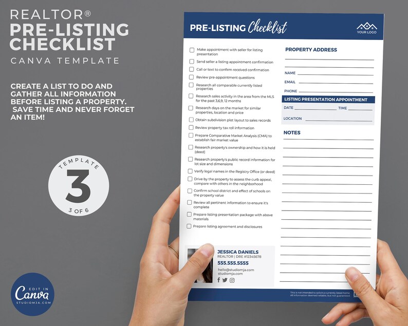 May include: A blue and white checklist for real estate agents to use when preparing to list a property. The checklist includes tasks such as making an appointment with the seller, sending a listing appointment confirmation, reviewing pre-appointment questions, researching comparable properties, researching sales activity in the area, researching days on the market, obtaining subdivision plot layout, reviewing property tax roll information, preparing a comparative market analysis, researching property ownership, researching public record information, verifying legal names, driving by the property to assess curb appeal, confirming school district, reviewing all pertinent information, preparing a listing presentation package, and preparing a listing agreement and disclosures. The checklist also includes a section for the property address, name, email, phone, listing presentation appointment date and time, and location. The checklist is titled "Pre-Listing Checklist" and is a Canva template.