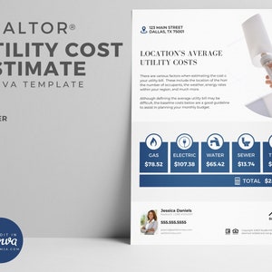 May include: A white and blue realtor utility cost estimate template with a graphic of a lightbulb and a hand holding it. The template includes a table with average utility costs for gas, electric, water, sewer, and trash. The total cost is $283.69. The template also includes a contact section with a name, phone number, and brokerage logo.