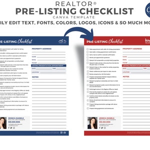 May include: A printable checklist for real estate agents to use when preparing to list a property. The checklist includes sections for property address, listing presentation appointment, and notes. The checklist is divided into two columns, with the left column labeled "Pre-Listing Checklist" and the right column labeled "Pre-Listing Checklist" with the Keller Williams logo. The checklist is designed to be easily edited with text, fonts, colors, logos, icons, and more.