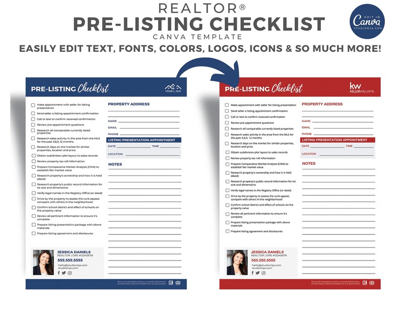 May include: A printable checklist for real estate agents to use when preparing to list a property. The checklist includes sections for property address, listing presentation appointment, and notes. The checklist is divided into two columns, with the left column labeled "Pre-Listing Checklist" and the right column labeled "Pre-Listing Checklist" with the Keller Williams logo. The checklist is designed to be easily edited with text, fonts, colors, logos, icons, and more.