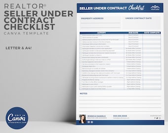 May include: A checklist for real estate sellers under contract. The checklist includes tasks to be completed from the day of contract to the day of closing. The checklist is organized by activity, due date, and date complete.