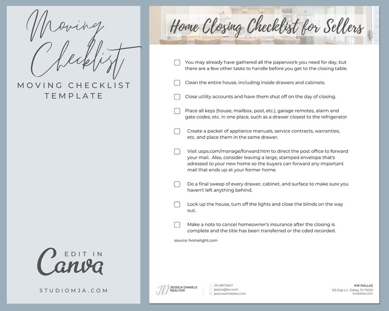 May include: A checklist for home sellers with a list of tasks to complete before closing on a home sale. The checklist includes items such as cleaning the house, closing utility accounts, and forwarding mail.