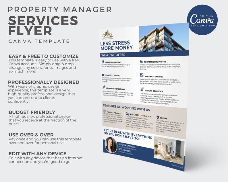May include: A colorful flyer template for property managers, with the text "Property Manager Services Flyer Canva Template". The flyer advertises services such as in-person meetings, property videos, property inspections, professional photos, tenant screening, and virtual concierge. The flyer also includes the text "Less Stress More Money" and "What We Offer".