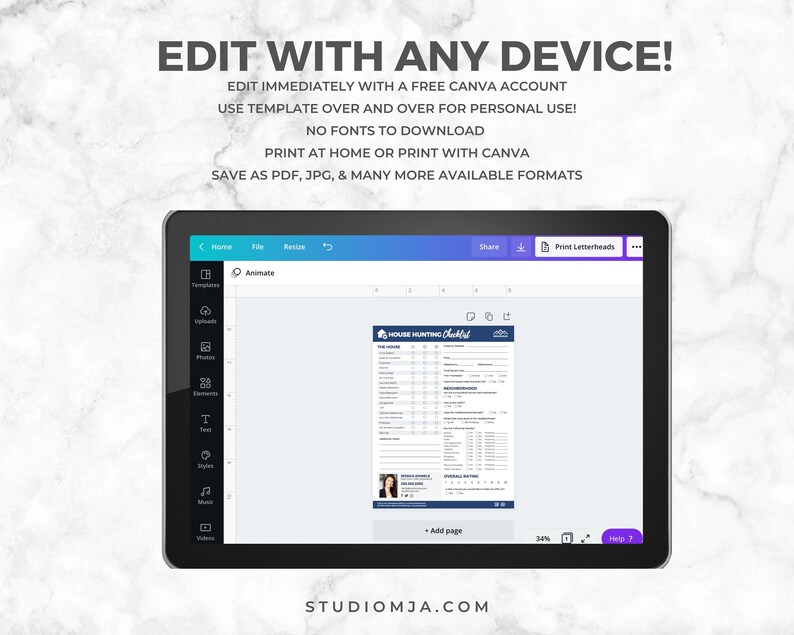 May include: A screenshot of a Canva design template for a house hunting checklist. The template is open in the Canva editor and shows a checklist with various categories and checkboxes. The template is titled "House Hunting Checklist".