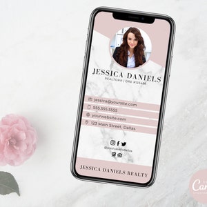 May include: A pink and white marble-patterned phone screen mockup with a business card for Jessica Daniels Realty. The card includes contact information, social media icons, and the text "JESSICA DANIELS REALTY".