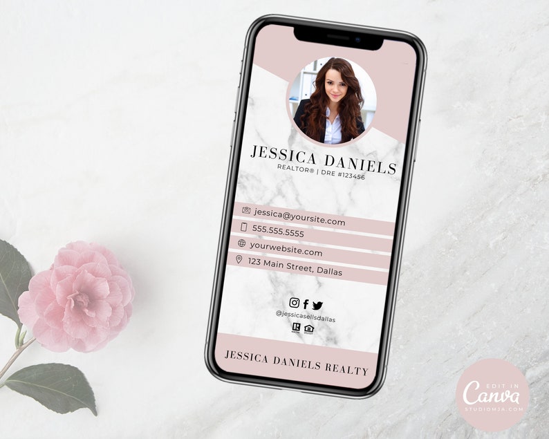 May include: A pink and white marble-patterned phone screen mockup with a business card for Jessica Daniels Realty. The card includes contact information, social media icons, and the text "JESSICA DANIELS REALTY".