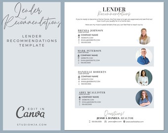 May include: A blue and white template for lender recommendations. The template includes a title, space for a lender's name, company name, website, email address, and phone number. The template also includes a space for a photo of the lender. The template is designed to be used by real estate agents to recommend lenders to their clients.