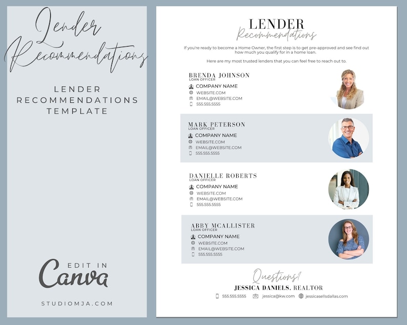 May include: A blue and white template for lender recommendations. The template includes a title, space for a lender's name, company name, website, email address, and phone number. The template also includes a space for a photo of the lender. The template is designed to be used by real estate agents to recommend lenders to their clients.