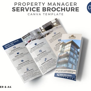 May include: A tri-fold brochure titled "Property Manager Service Brochure" with the text "Canva Template." The brochure features sections on services offered, including in-person meetings, property videos, and tenant screening. The brochure is in letter and A4 sizes.