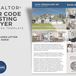 May include: A real estate flyer for a 4 bedroom home in Dallas, Texas. The flyer features a photo of the home, a QR code, and contact information for the realtor. The home is listed for $405,000 and is located at 4578 Greenland Dr.