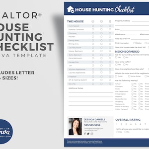 May include: A printable house hunting checklist with a checklist for the house, neighborhood, and overall rating. The checklist includes sections for curb appeal, exterior condition, floorplan, kitchen, family area, dining area, laundry room, master bedroom, extra bedroom, extra bathroom, garage size, lot, kitchen appliances, laundry appliances, fireplace, A/C & heating system, security, and additional notes. The neighborhood section includes questions about the surrounding homes, traffic, safety, and noise level. The overall rating section asks if the house is worth making an offer on. The checklist is designed for realtors and home buyers.