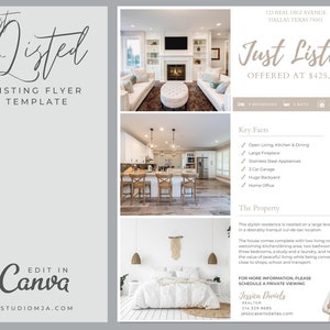 Real Estate Flyer Template, Open house flyer, Just Listed, Real estate marketing, Customize, Editable, Canva