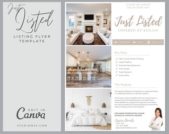 Real Estate Flyer Template, Open house flyer, Just Listed, Real estate marketing, Customize, Editable, Canva
