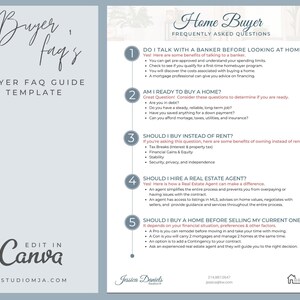 May include: A light blue and white guide with the title "Home Buyer Frequently Asked Questions". The guide features five numbered questions with answers about buying a home, including topics like talking to a banker, buying instead of renting, and hiring a real estate agent.