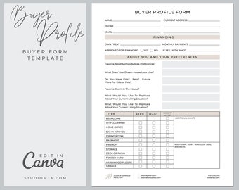 Real Estate Agent Template | Buyer Profile Questionnaire Form Template | Canva Template | Realtor Digital Download Template | Buyer Form