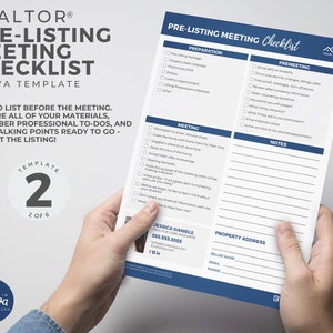 May include: A blue and white checklist for a pre-listing meeting with a realtor. The checklist includes sections for preparation, pre-meeting, meeting, and notes. There is a space for the property address, seller name, email, and phone number. The checklist is labeled "Template 2 of 6".