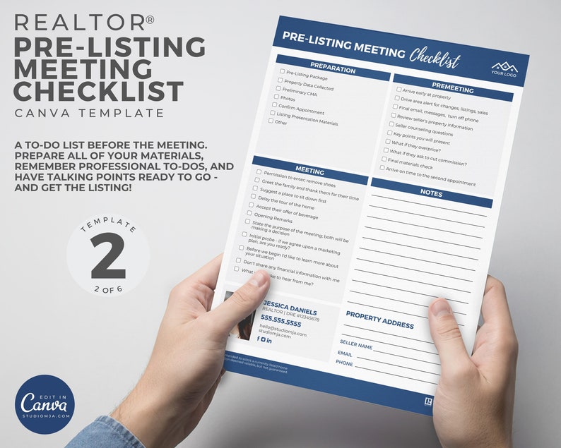 May include: A blue and white checklist for a pre-listing meeting with a realtor. The checklist includes sections for preparation, pre-meeting, meeting, and notes. There is a space for the property address, seller name, email, and phone number. The checklist is labeled "Template 2 of 6".