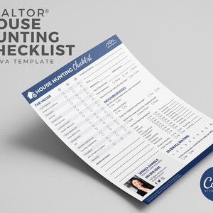 May include: A printable house hunting checklist with a blue and white color scheme. The checklist includes sections for "The House" and "Neighborhood" with checkboxes for various features. The bottom of the checklist includes a section for "Overall Rating" with a scale of 1 to 10. The checklist also includes a contact section with a name, phone number, and social media icons.
